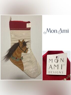 🆕MON AMI DESIGNS - NWT - HORSE AND HOLLY EMBROIDERED CHRISTMAS STOCKING